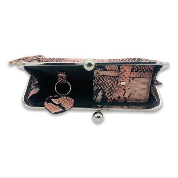 Embossed Snakeskin Faux Leather Clutch Set Pink Card Holder Key Fob Set of 3 - Picture 13 of 13